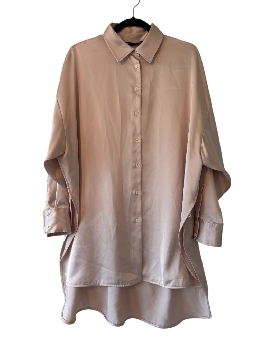Zara Oversized Button-Up Cream Satin Shirt Tunic Womens Longline Elegant
